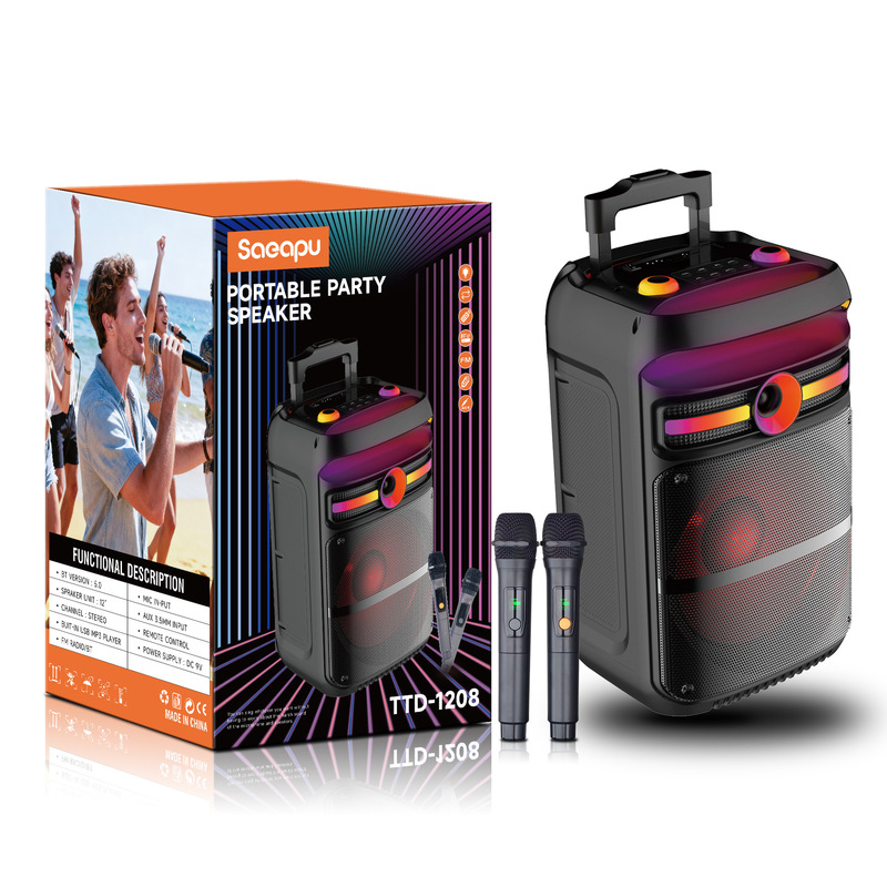12inch Outdoor Speaker Pull Rod Bluetooth Speaker 2 Wireless Microphones High Power with Colored Lights 7.4V40W Audio
