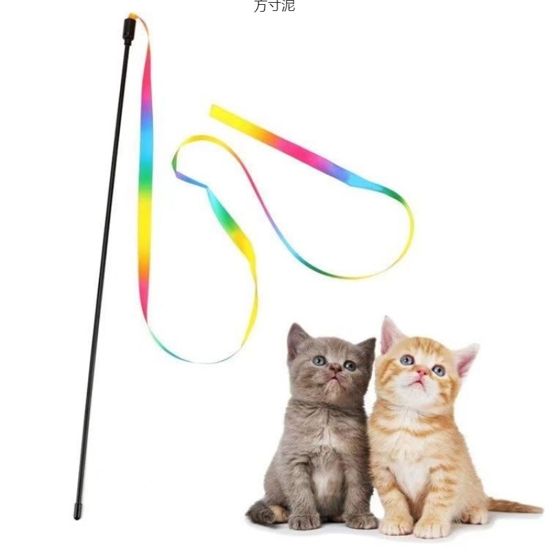 긴 극 고양이 웃긴 스틱, 물기 방지 고양이 장난감, 다채로운 양면 주황색 리본 리본, 휴대용 고양이 웃긴 스틱, 내구성과 지루함 완화 도매