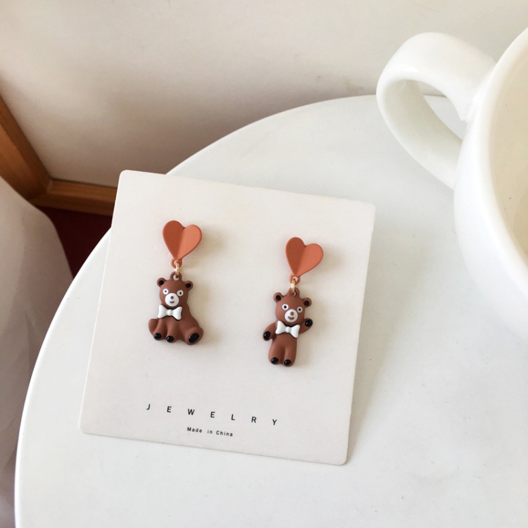 Cartoon Bear Heart Shape Asymmetrical Earrings display picture 5