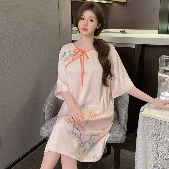 Spring and Autumn New Style New Chinese Style Women's Nightgown Satin Ice Silk Imitation Silk Jacquard Home Clothes Can Be Worn Outside Wholesale