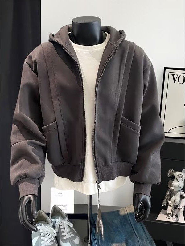纯色开衫连帽卫衣男款秋冬季宽松解构设计感小众重磅休闲百搭外套|undefined