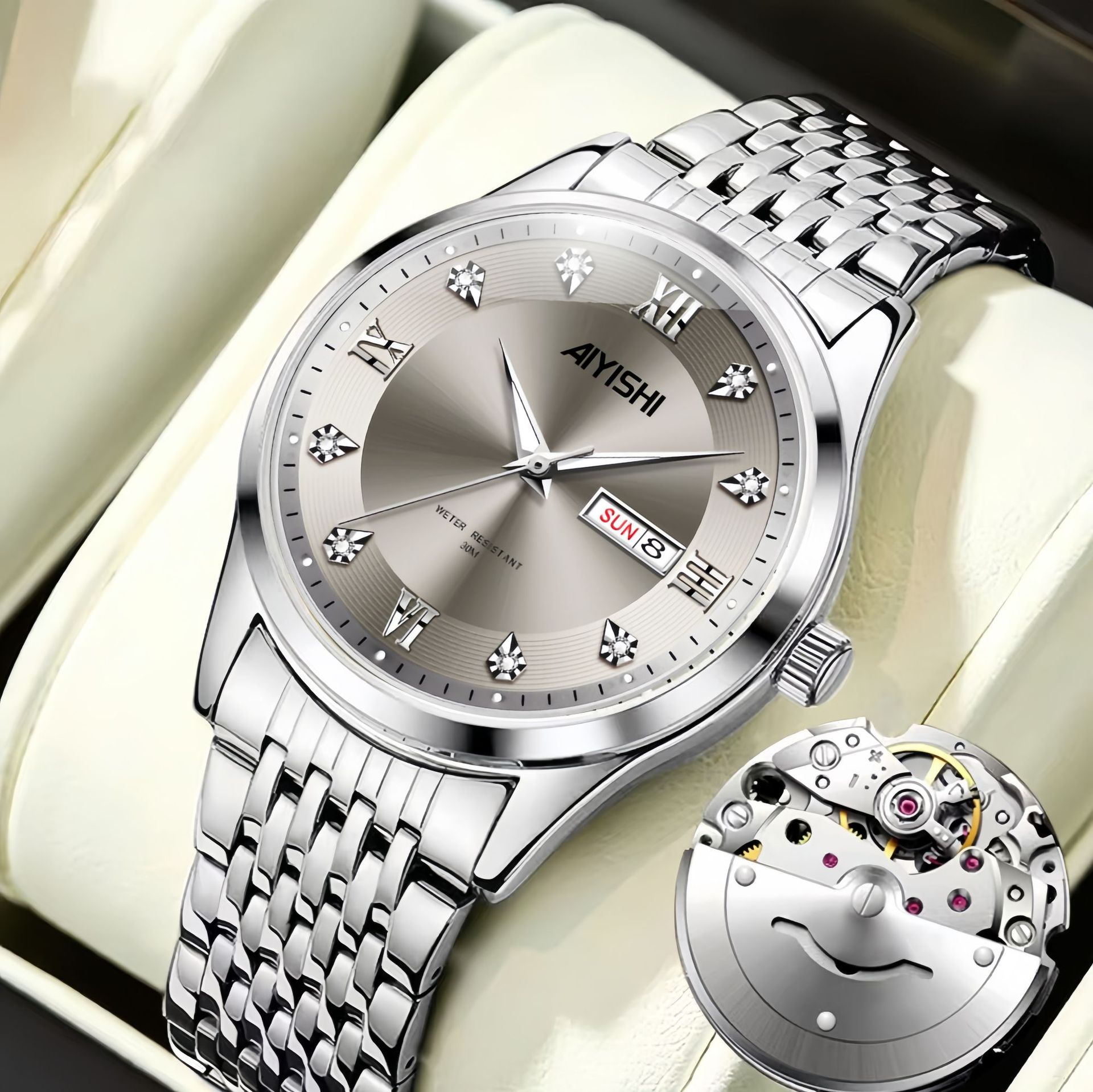 Aiyishi Translucent Diamond Luminous Business Workplace Gray Dial Quartz Men's Watch-2085