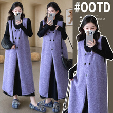 孕妇装秋冬新款加厚羊绒双排扣背心毛衣裙针织打底连衣甜美两件套