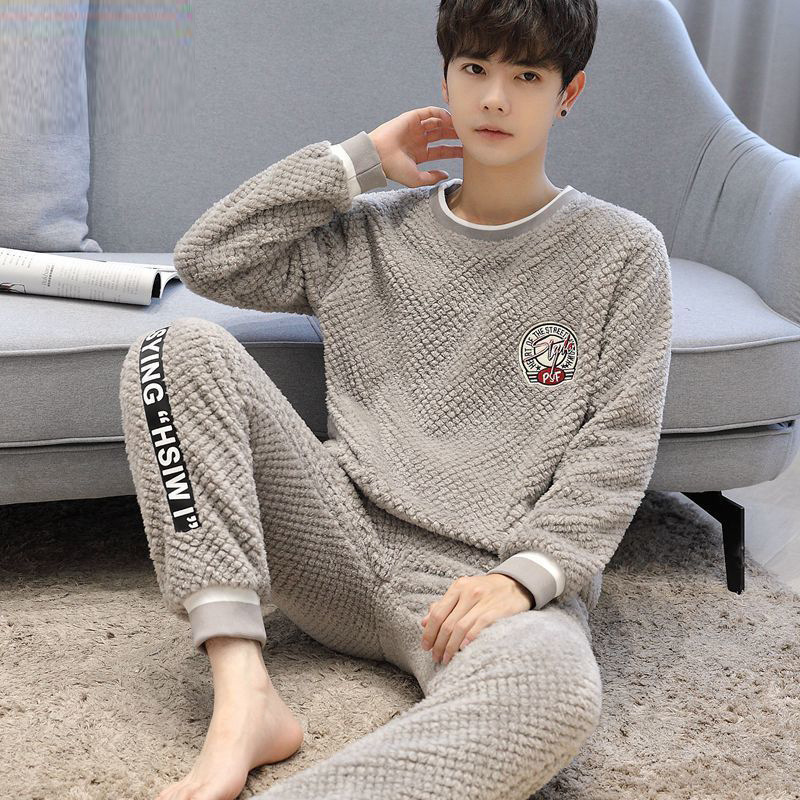 남성 잠옷 가을, 겨울 두꺼운 벨벳 겨울 산호 벨벳 따뜻한 청소년 슈퍼 두꺼운 가정 의류 세트