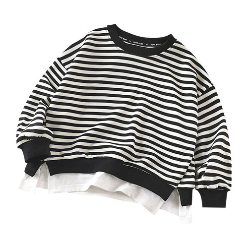 New Autumn Children's Sweatshirt Two-Piece Black and White Striped Top Casual Round Neck Loose Fit for Boys and Girls Fashion