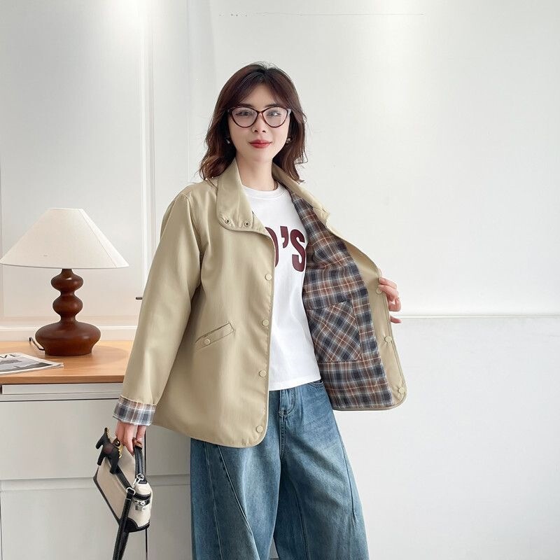 Reversible Korean-style short jacket for women, spring and autumn, unique design, 2026 new model, plus size, plaid, versatile jacket Reversible Korean-style short jacket for women, spring and autumn, unique design, 2026 new model, plus size, plaid, versatile jacket