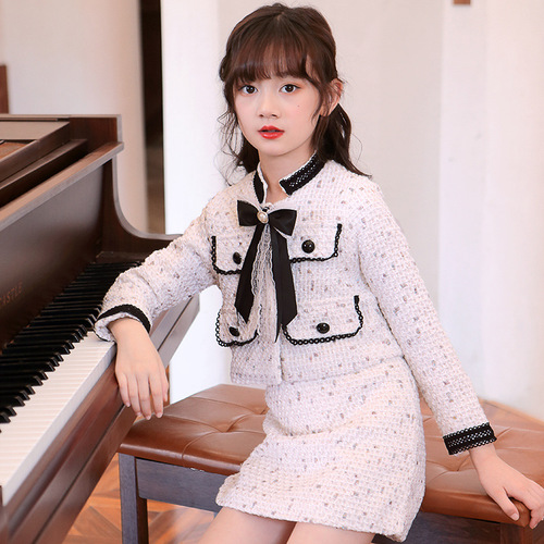 Little Girl Xiao Xiang Fashion Cute Spring Outfit  Spring and Autumn Model Bow Tie Heavy Work Suit Dress for Older Children with Elegant Style