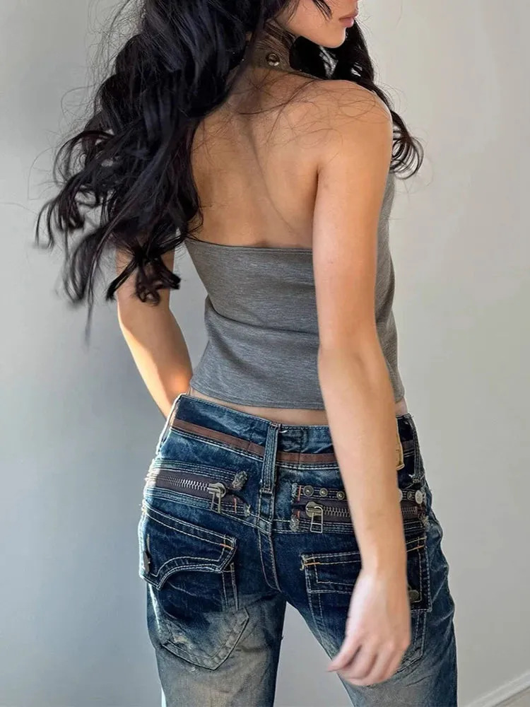 European And American Style Women's Slim Fit Halter Neck Tank Top Metal Hollow out Design Summer Hot Girl Fashion Top_ecoleips.com