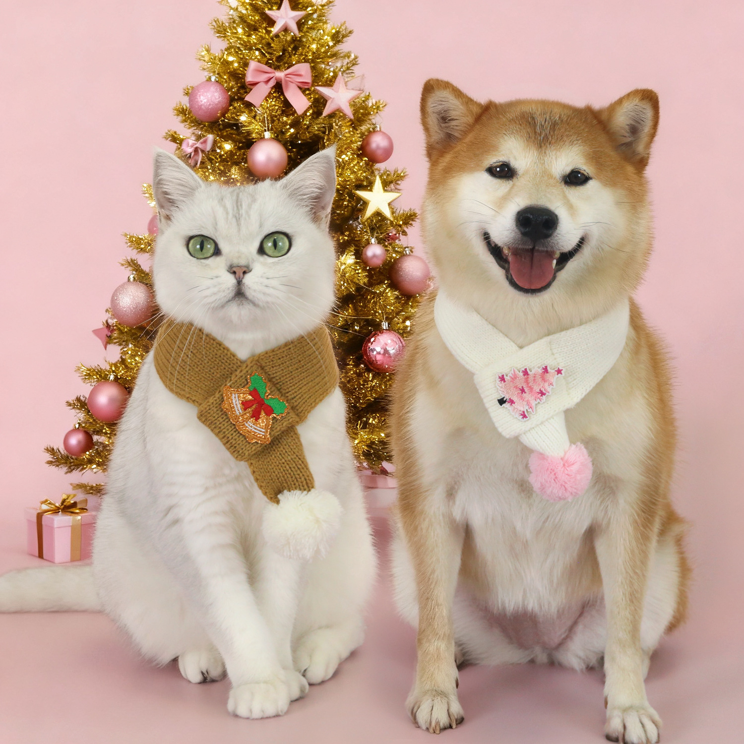 Bufandas de Navidad de lana de mascota tijería cálida rosa color curry campana de árbol de Navidad bordada con bufandas de bolas gatos perros