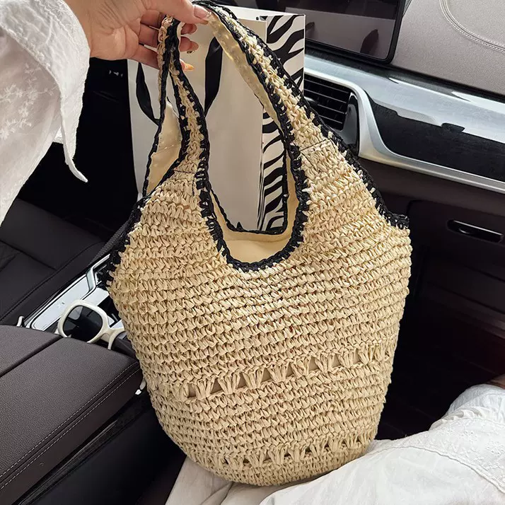 法式单肩草编包包新款海边手工编织包大容量托特包女手提沙滩包
