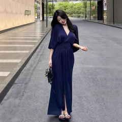 御姐气质v领半袖连衣裙女夏季显瘦收腰休闲裙子黑色开叉包臀长裙