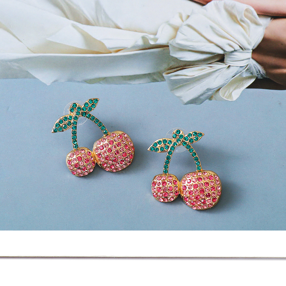 New Creative Fruit Cherry Full Diamond Retro Alloy Earrings display picture 5