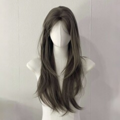 【末端少女】擬似髪の中で長さを分けたストレートミルクティーグレーブラウンの雰囲気感が見えないかつら全頭カバー
