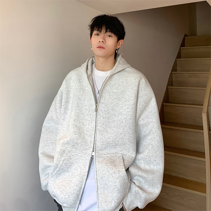 日系复古开衫连帽卫衣男女潮牌加绒oversize基础款青少年冬季外套