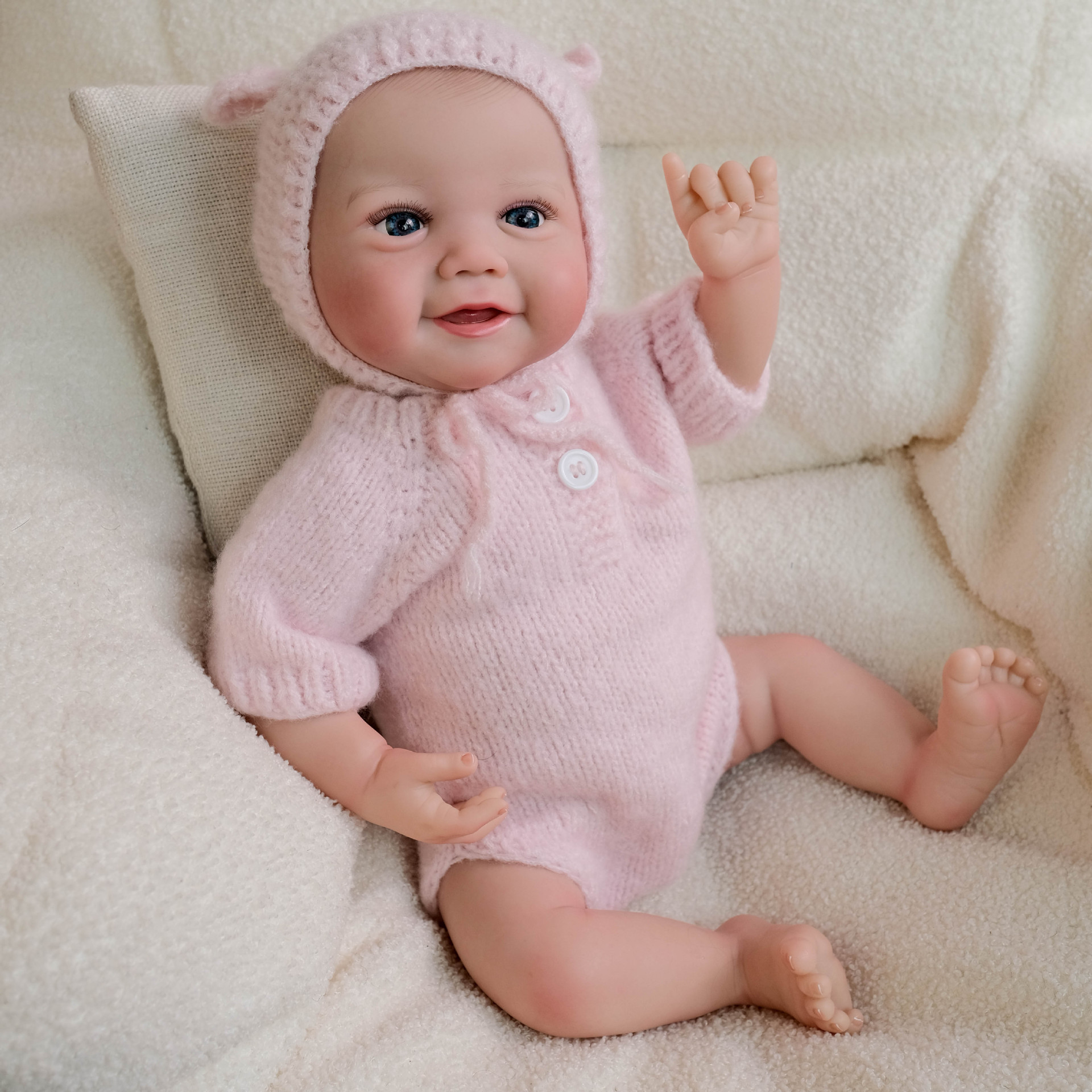 Hilo de lana rosa de 19inch, mampara de una pieza, muñeca de simulación Emmy hecha a mano, regalo de vacaciones para niños