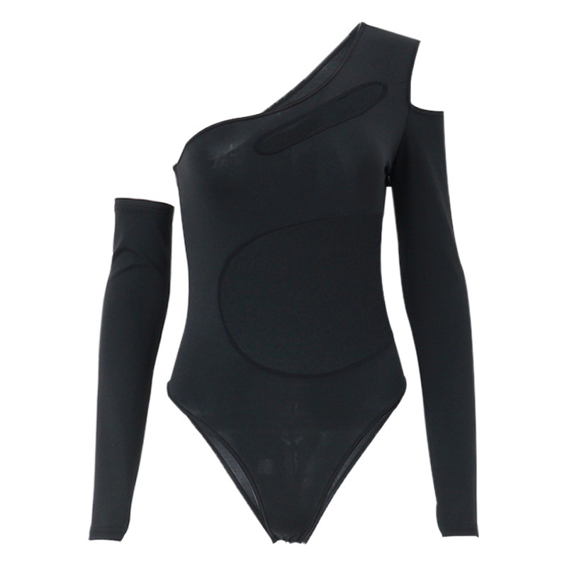 2022 europeo y americano otoño popular hombro oblicuo perspectiva mono sexy malla hueco-fuera manga larga SLIM-Fit oversleeve traje mujeres image 1
