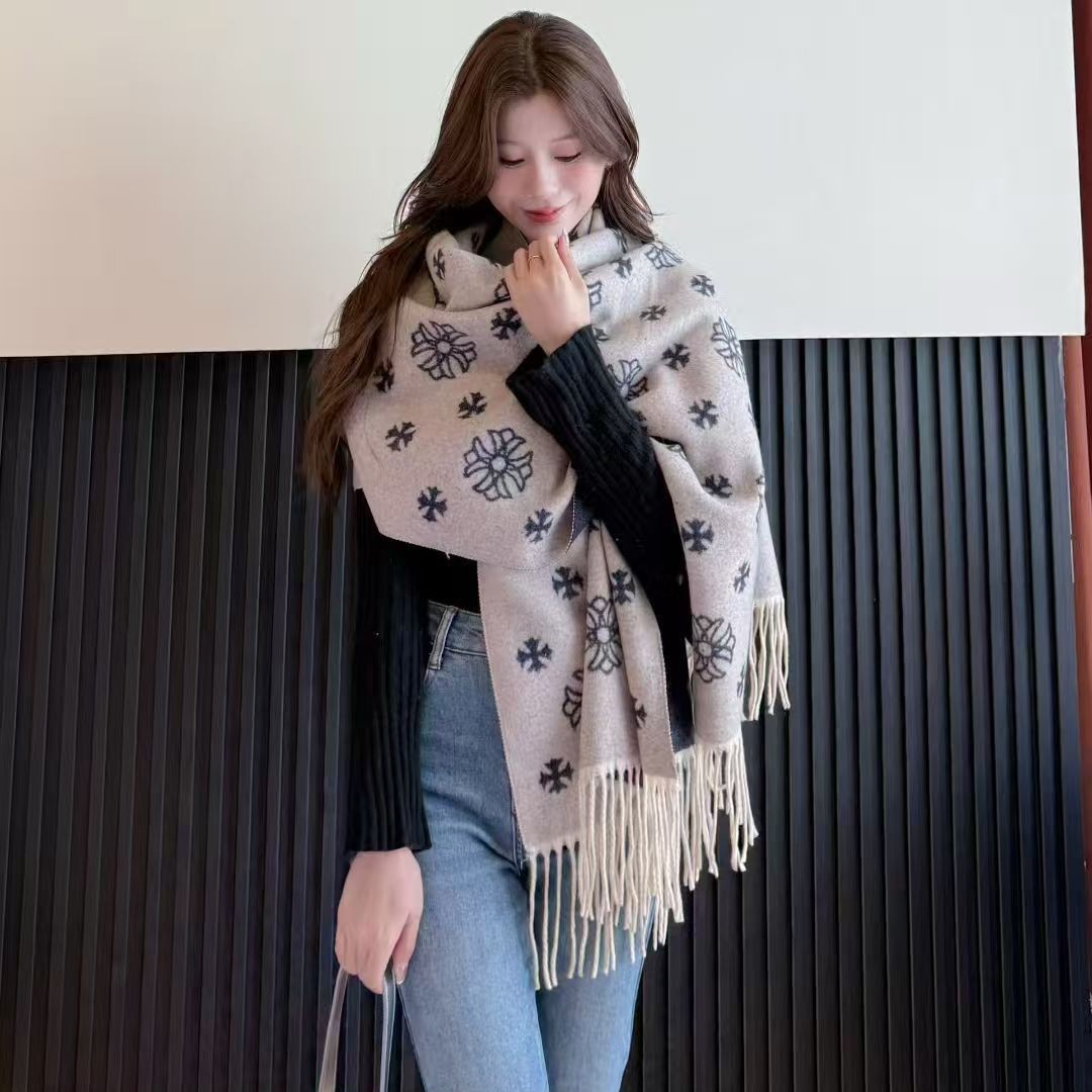 여성 페어아일 자카드 울 혼방 숄 머플러 200×65cm 가죽 라벨 태슬 겨울 목도