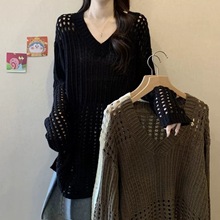 法式慵懒风镂空针织罩衫300斤加大码秋款百搭纯色V领长袖毛衣女装
