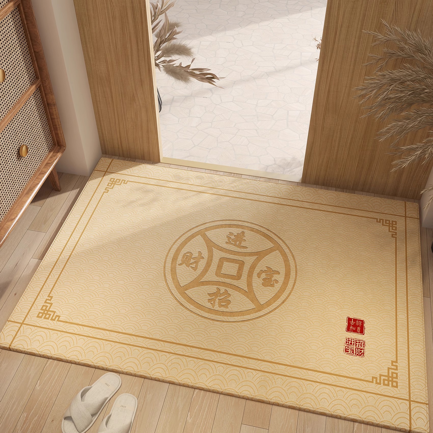 Nueva alfombra de piso de puerta de entrada amarilla china, alfombra de pie antideslizante resistente a la suciedad para el hogar, alfombra dorada en la puerta