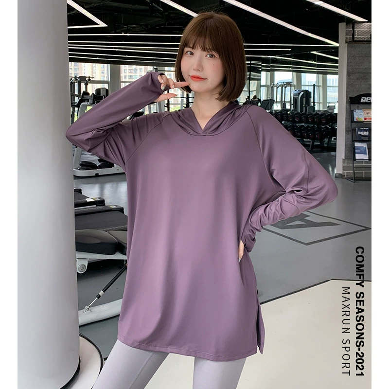 Одежда для йоги с капюшоном одежда для фитнеса весна и осень тонкая спортивная одежда больших размеров женская Свободная блузка для бега 200 кг