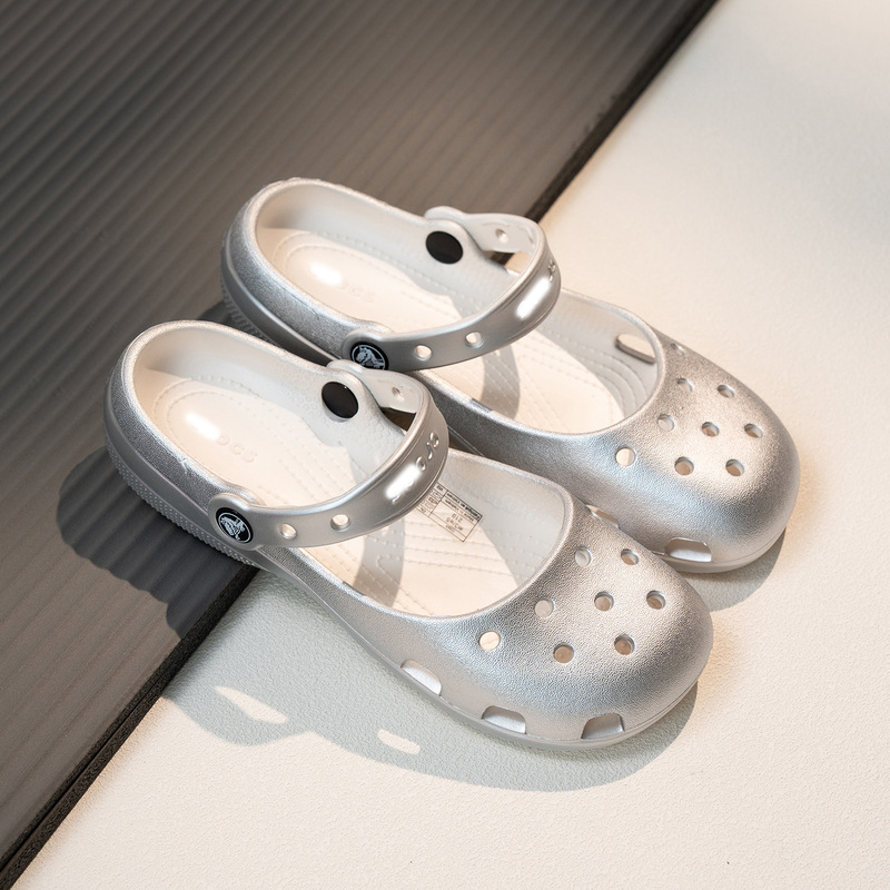 Cross Ballet-Style Perforated Shoes for Women, Silver Spray Finish, Beach Casual Fashion, Non-Slip, Breathable, Summer Outdoor Wear, Lightweight Sandals