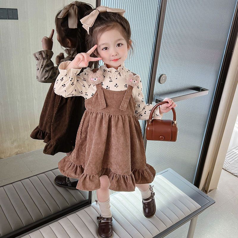 Girls Dress Spring and Autumn 2025 New Children's Long Sleeve Children's Clothes Cute Cherry Bear Strap Dress