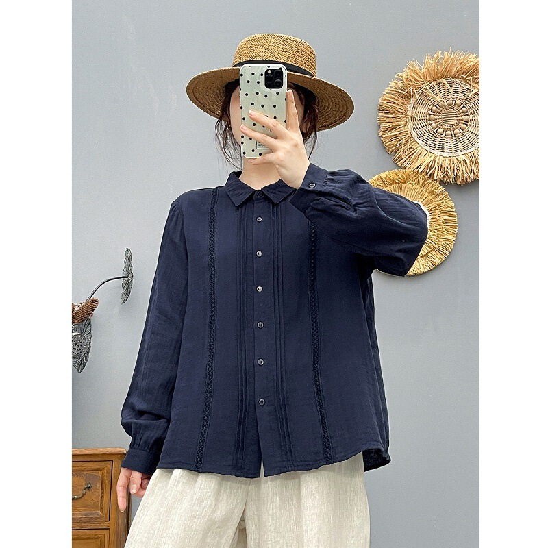 Autumn Thin Artistic Lace Long-Sleeved Shirt for Women, Square Collar Double-Layer Cotton Gauze Top, Fashionable Casual Shirt for Women