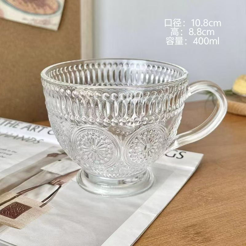 Taza de cristal de flores de sol retro red taza de agua en relieve de alto valor de la cara taza de café taza de leche de avena con mango taza de agua