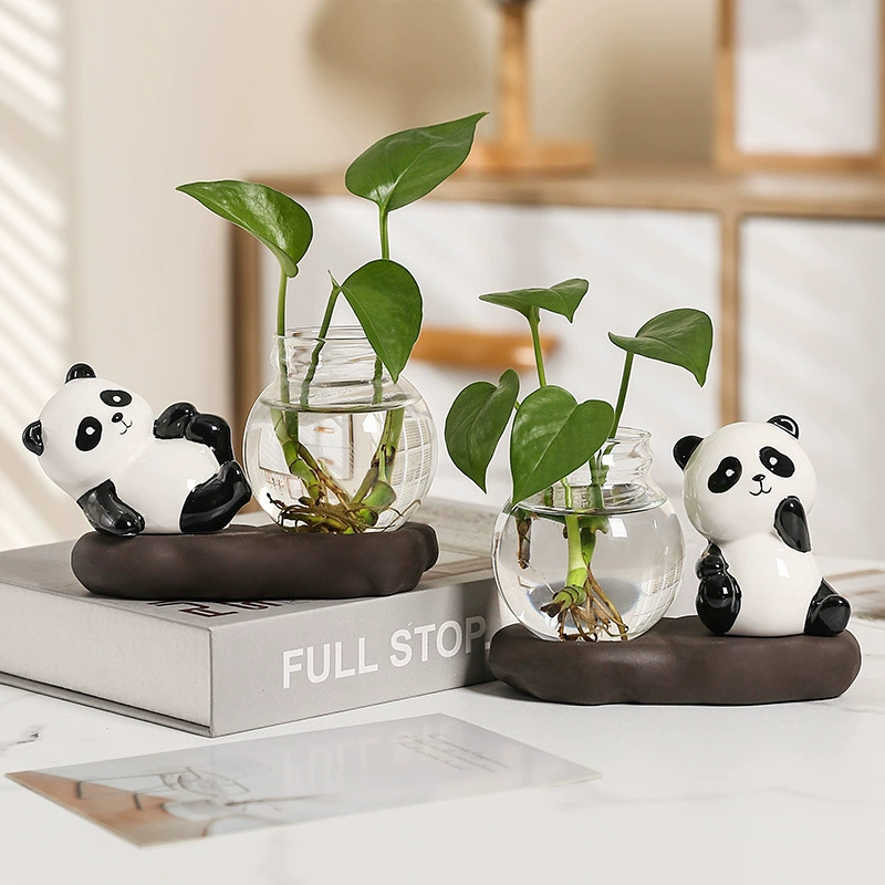 Мультяшная панда зеленая гидропонная ваза стеклянная посуда прозрачная вода цветы цветочная композиция цветочный горшок цветочный стол украшение