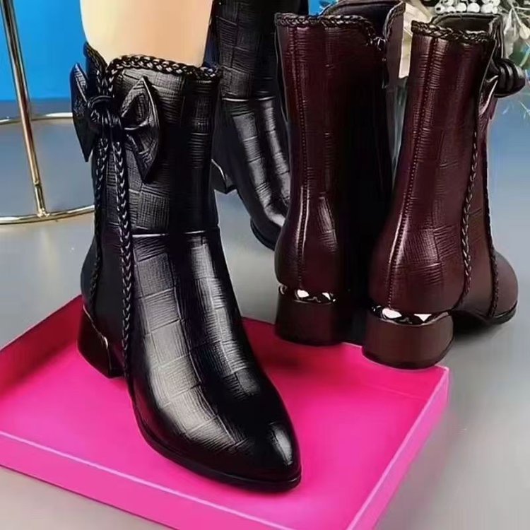 Foreign Trade British Style Women's Boots Autumn and Winter Pointed Toe Mid-Calf Boots Side Zipper Thick Heel Women's Bow Martin Boots Wholesale