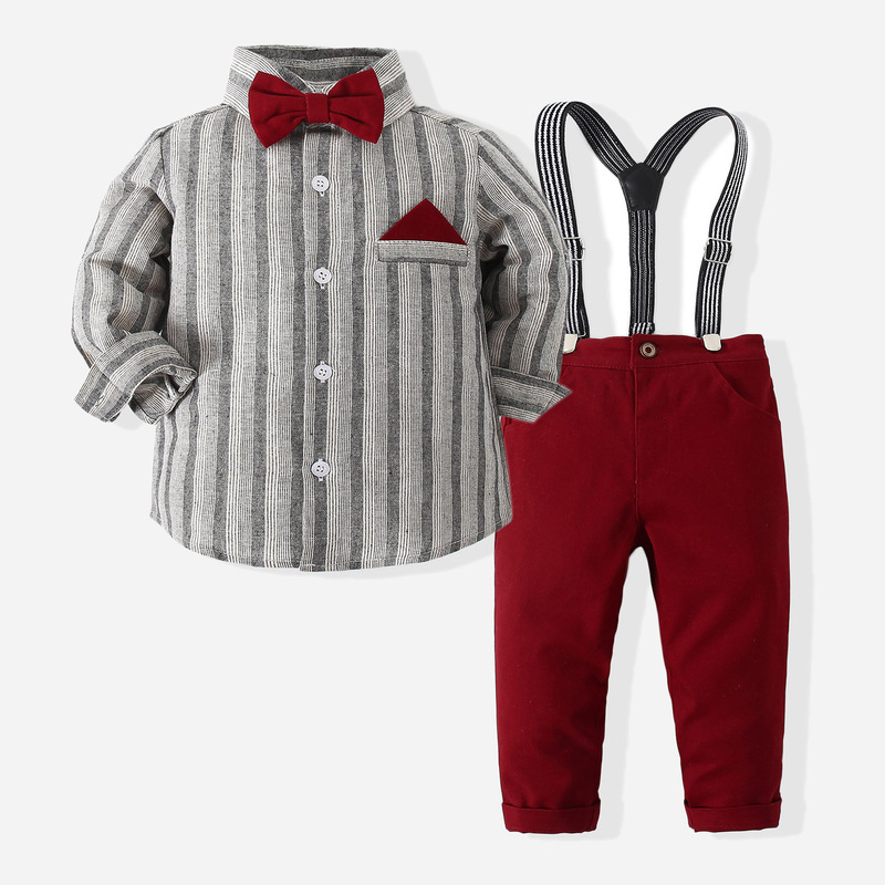 Children's Gentleman's Bucket Pants Set 2024 Spring New Boys' Long Sleeve Shirt Dress Party Three-Piece Set