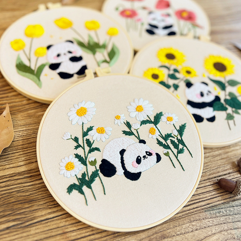 Flor Bush panda pequeño conjunto bordado diy material de mano bolsa de dibujos animados aguja animal paquete de bordado hierba de cuatro piezas