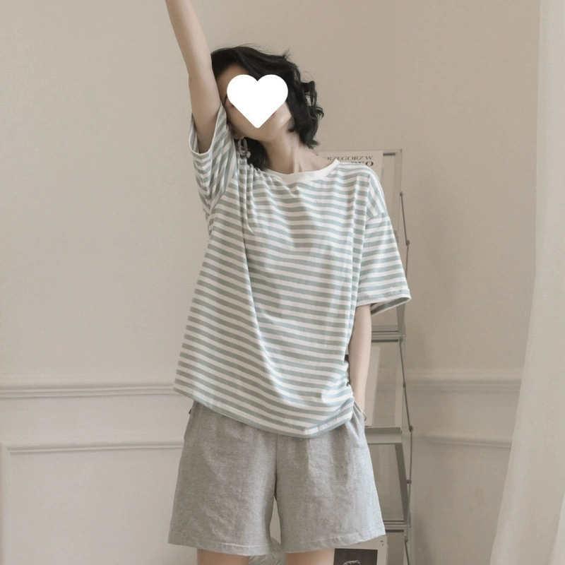 2025 новых женских летних пижам из 100% хлопка, короткий рукав, тонкая полоска, повседневный стиль, можно носить на улице