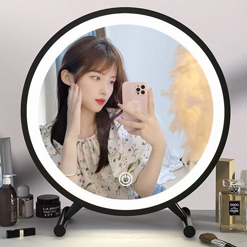 Espejo de maquillaje inteligente de escritorio con iluminación de dormitorio de chicas escritorio de escritorio crema de viento rosa espejo de tocador