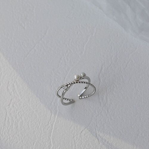 S925 sterling silver double-layered cross pearl ring, feminine, high-end, trendy index finger ring, cool style open ring