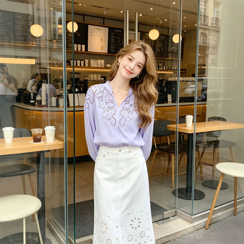 Shenzhen Nanyou French-Style Gentle Light Purple Lace Patchwork Shirt with Elegant Hollow Embroidery V-Neck Loose Blouse