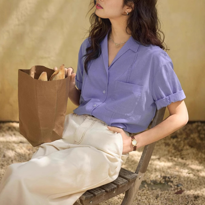 French Mulberry Silk Cuban Collar Short-Sleeved Shirt Women's Summer Wrinkled Shirt Top