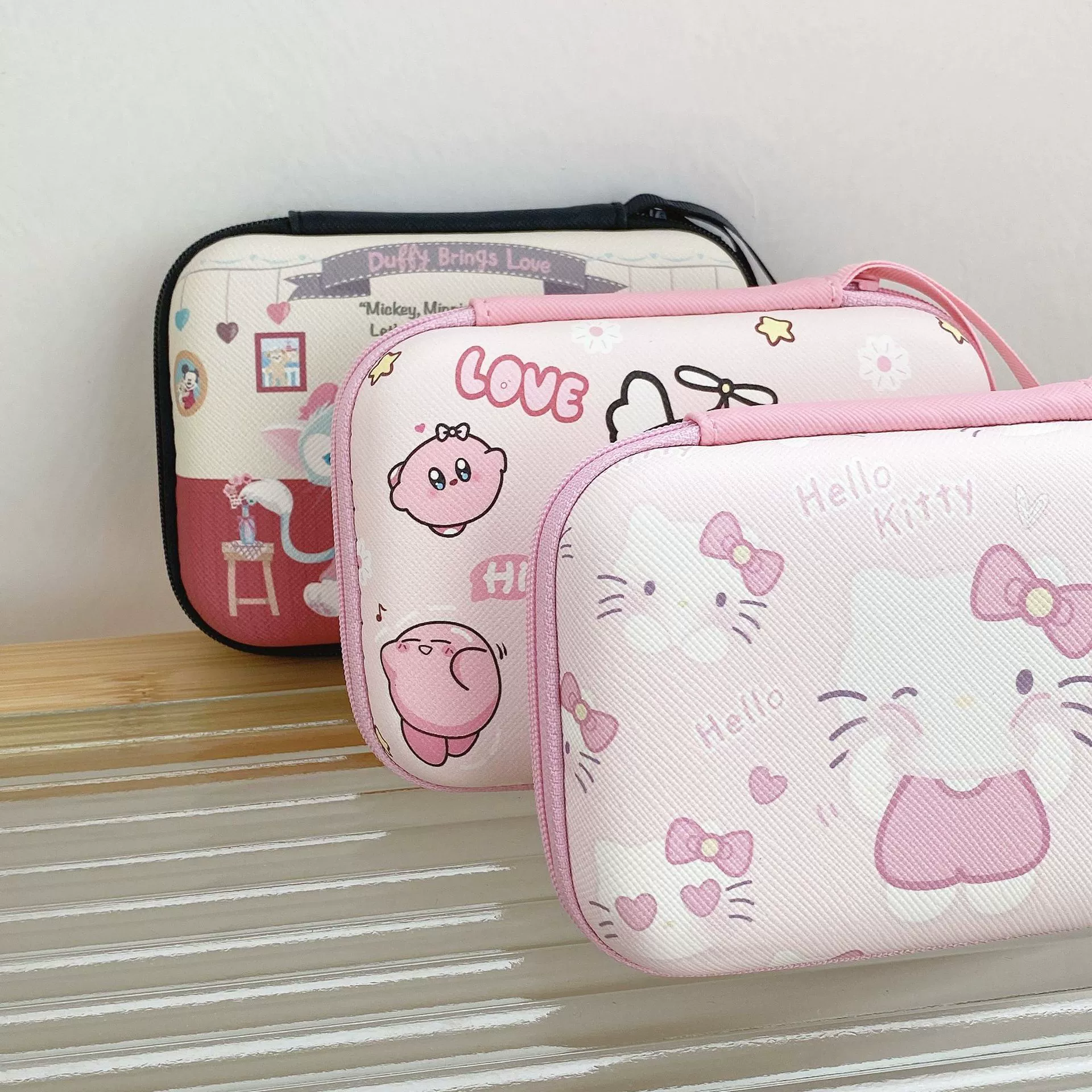 Cartoon rectangular cute headphones, big organizer bag, wallet, charger, storage box