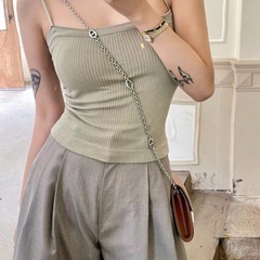 Waffle all-in-one vest with breast pads for women in summer slimming and versatile short style hot girl pure desire thin shoulder straps