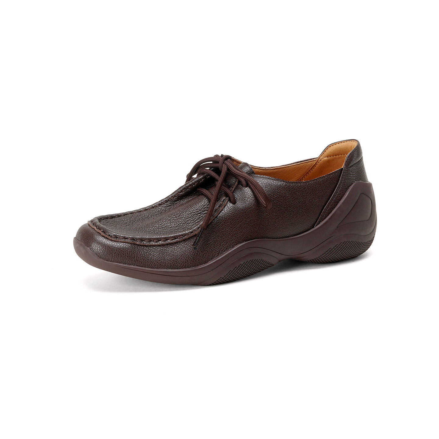Giày lười nữ mũi vuông da cừu mềm phong cách DeTrain vintage, đế bệt buộc dây — màu nâu
