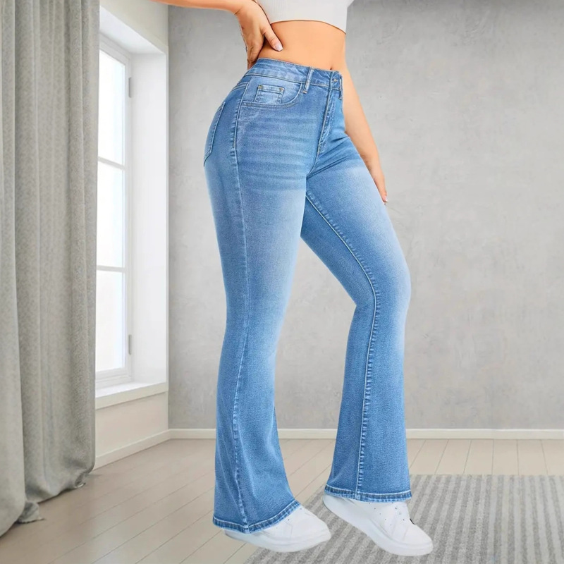 跨境JEANS修身欧美时尚长裤喇叭裤显瘦浅蓝弹力女低腰牛仔裤25独|undefined