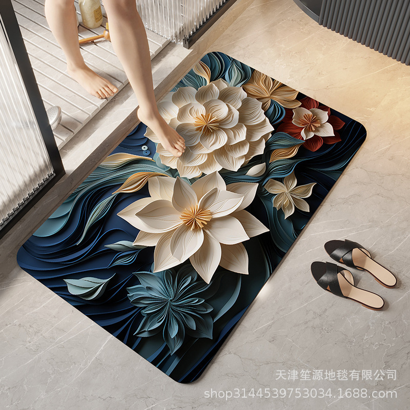 跨境硅藻泥立体花卉地垫浴室防滑垫家用卫生间进门入户速干软脚垫|undefined