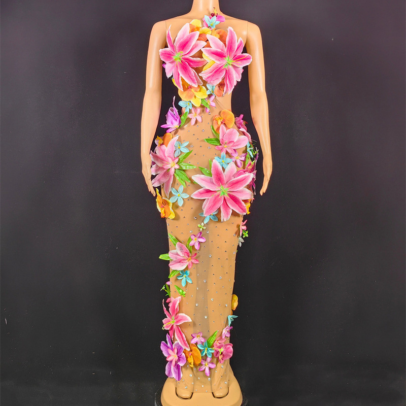 Birthday Clothing European and American Sexy Mesh Sleeveless Flower Long Dress Evening Dress Stage Performance Clothing