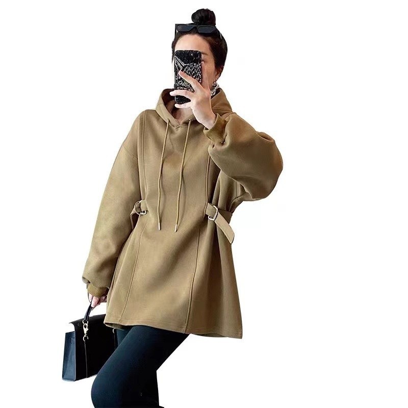 후드 솔리드 컬러 중간 길이의 드로우 스트링 스웨터 여성의 봄 유행 유행 슬림 핏 허리베이스 셔츠 풀오버 탑