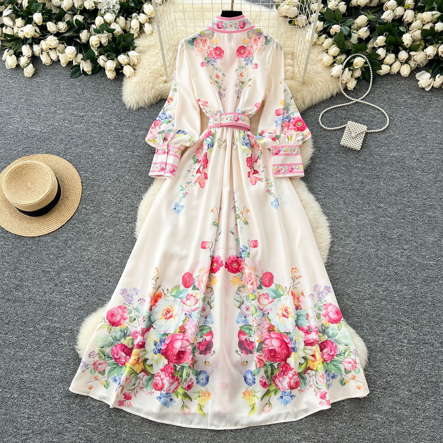 Women's Spring Resort Long Dress Lapel Lantern Sleeve Retro Print Waist Cinching Single Breasted Casual Elegant Fashion_ecoleips.com