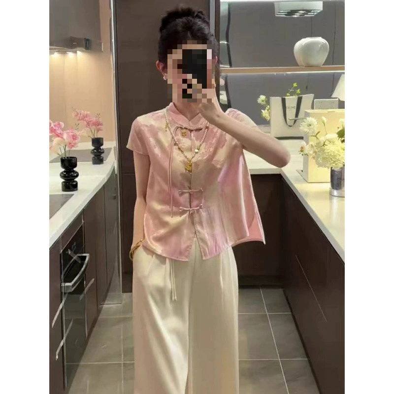 H2C Новый национальный костюм в китайском стиле для женщин, новинка лета 2024, высококачественный ацетатный парчовый костюм Тан, топ и широкие брюки, два