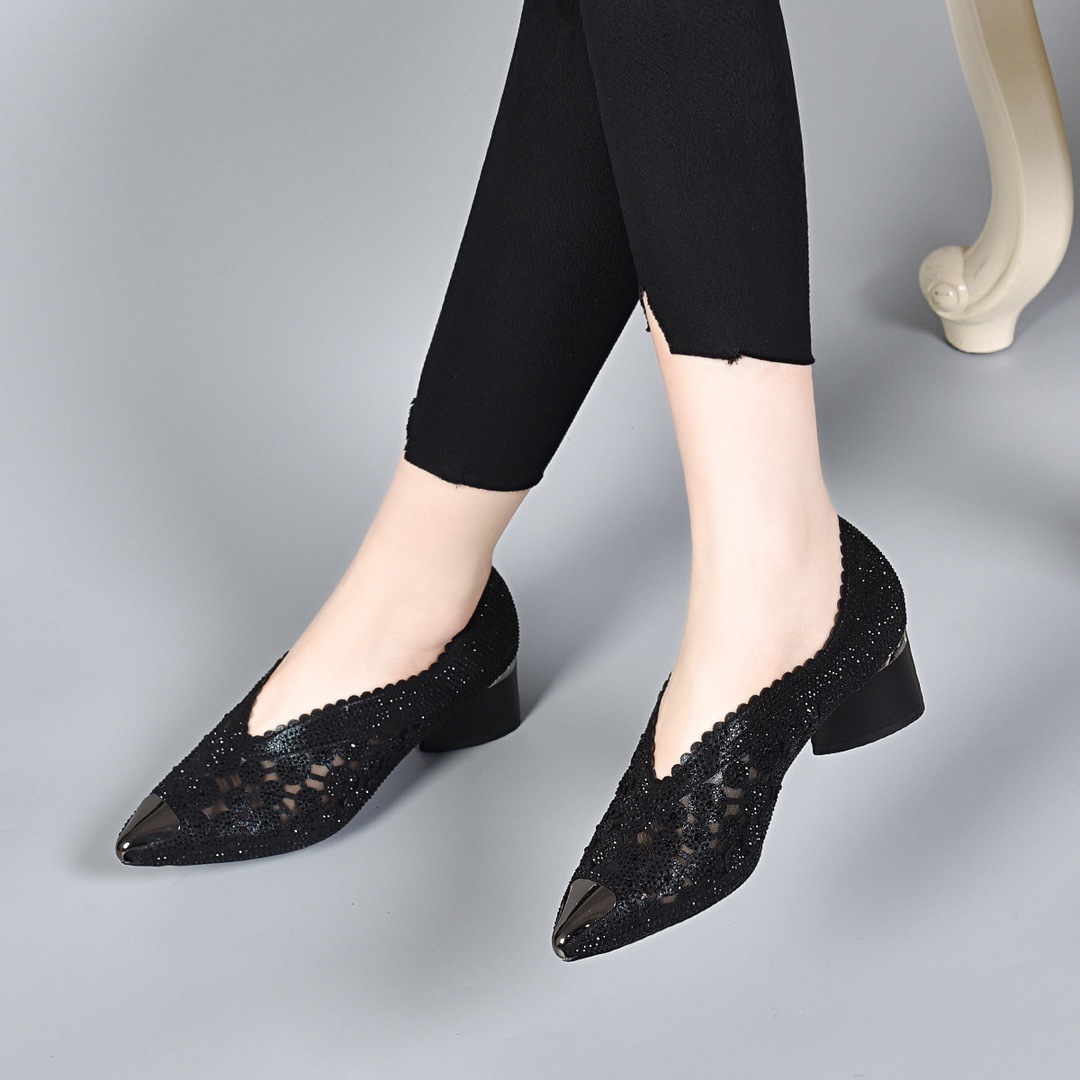 Giày sandal cao gót nữ đính đá lưới thoáng khí gót thấp — Màu đen