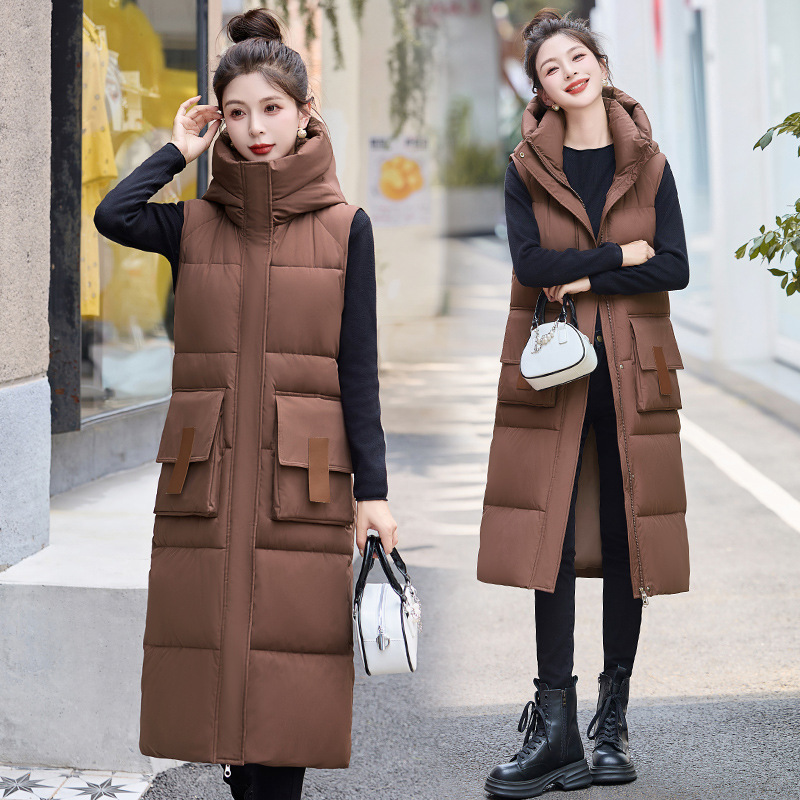 Comercio exterior otoño y invierno nuevo chaleco de algodón de pluma de mujer largo sobre la rodilla estilo coreano delgado hombro de hombro universal chaqueta de clip de caballo image 1