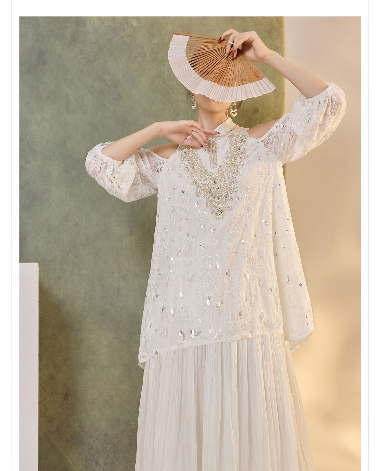 Đầm maxi tay bong bóng mở rộng vai — Tuyết Xanh, Aurora trắng chi tiết 4
