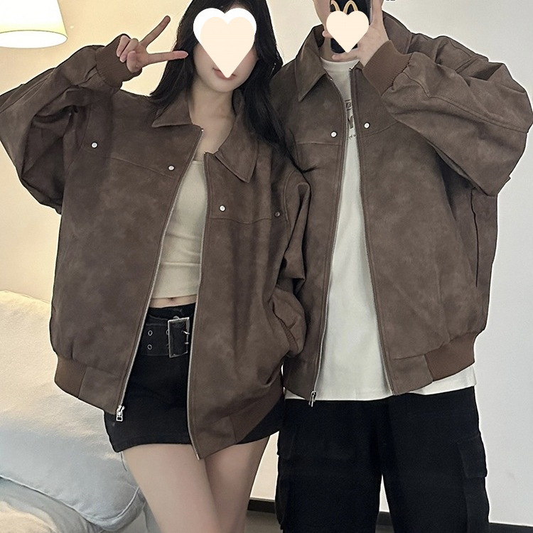 情侣装美式复古棕色皮衣夹克秋冬新款小众感潮牌宽松外套